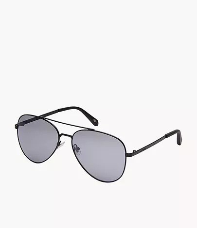 Des lunettes de soleil style navigateur à monture noire et aux verres noirs teintés, pour homme.