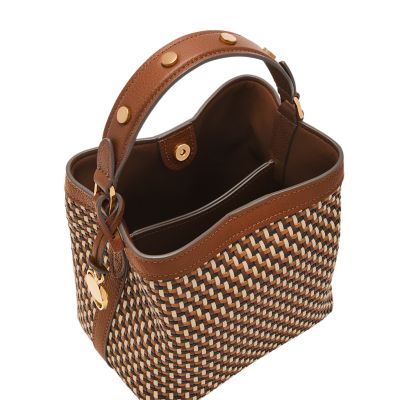 Fossil Handbag Purse 78082 Wood Ring Handle Straw Weave Detachable