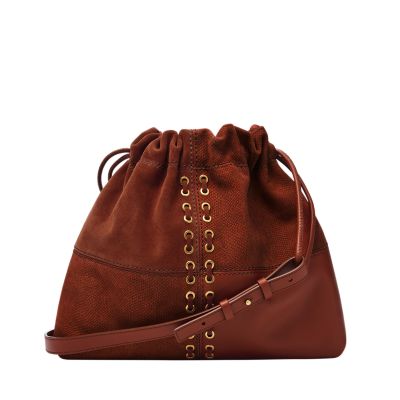 Brown embossed drawstring shoulder bag