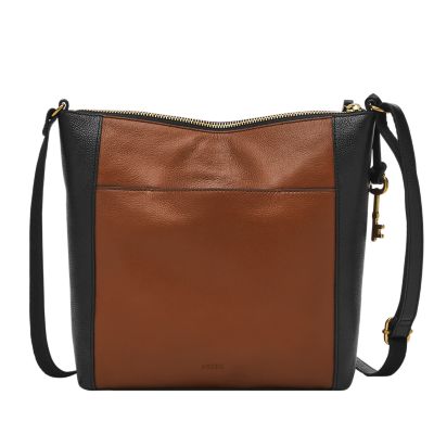 Fossil Women's Tara Leather Crossbody Purse Handbag, Brown/Black Colorblock (Model: ZB1760015)