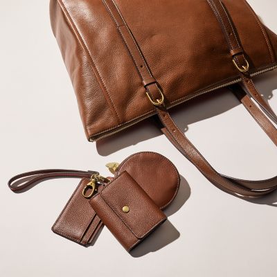 Fossil Camel Brown Leather Large Tote Handbag Shoulder Bag 2 Front Pockets  Purse