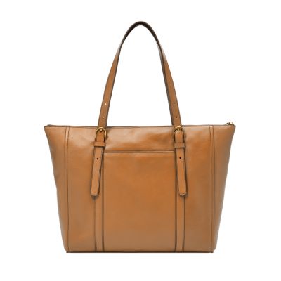 Fossil Camel Brown Leather Large Tote Handbag Shoulder Bag 2 Front Pockets  Purse 