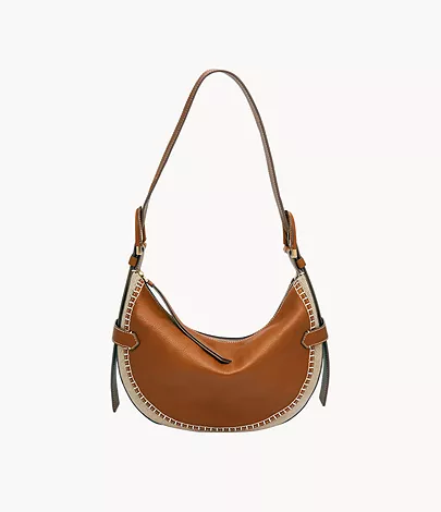 A women’s brown leather handbag.