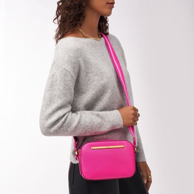 Hot Pink Italian leather camera style crossbody bag with wide