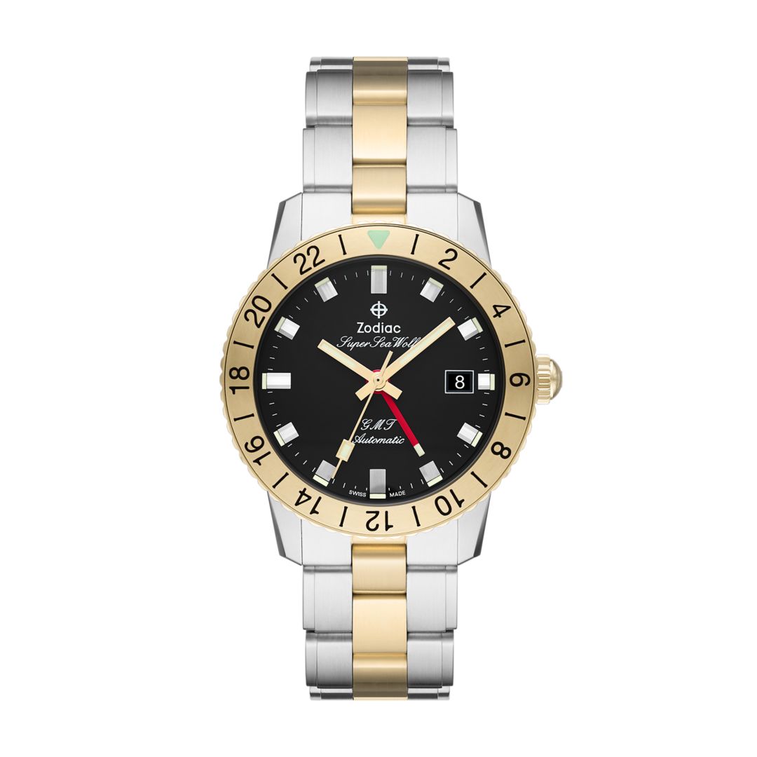 Zodiac Mens Super Sea Wolf Gmt Automatic Stainless Steel Watch  Gold Silver