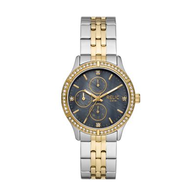 Relic Women's By Fossil Maeve Multifunction Silver & Gold-Tone Metal Watch With Black Mother Of Pearl - 2T Silver/Gold