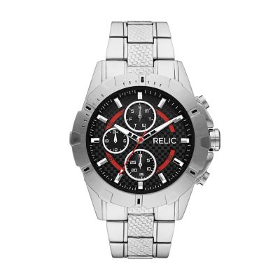 Relic Men's By Fossil Dorian Multifunction Silver-Tone Bracelet Watch With Black & Red Accents - Silver