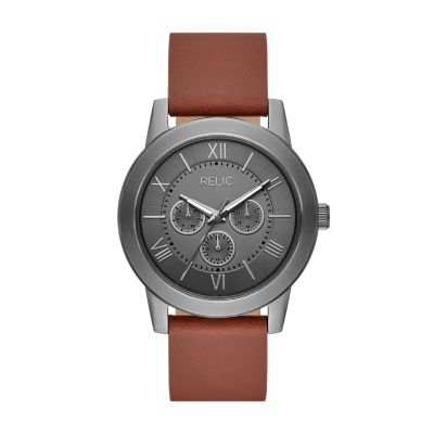 Relic Men's By Fossil Issac Multifunction Gunmetal-Tone & Brown Leather Strap Watch - Brown