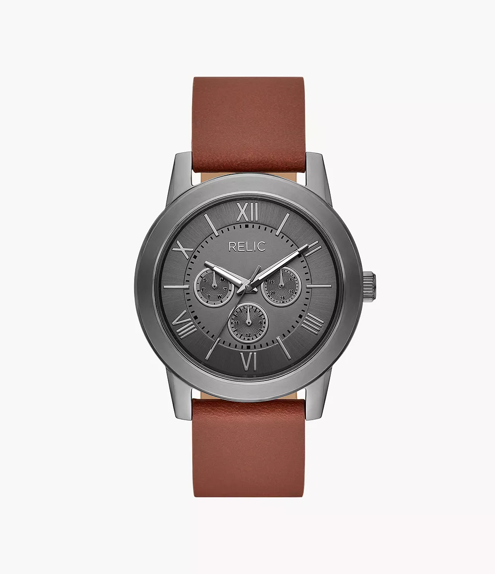 Relic by Fossil Issac Multifunction Gunmetal-Tone & Brown Leather Strap  Watch - ZR16021 - Watch Station