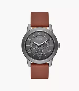 Relic by Fossil Issac Multifunction Gunmetal-Tone & Brown Leather Strap Watch