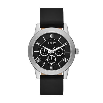 Relic Men's By Fossil Issac Multifunction Silver-Tone & Black Leather Strap Watch - Black