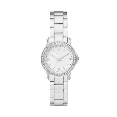 Relic Women's By Fossil Matilda Three-Hand Date Silver-Tone Glitz Metal Watch - Silver