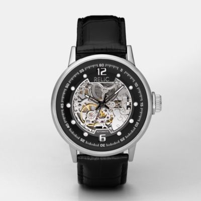 Relic Men's By Fossil Men's Leather Automatic Skeleton Watch - Black