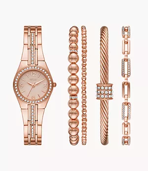Ensemble cadeau de montre Queen’s Court à trois aiguilles en métal ton or rose avec accessoires de bracelet Relic by Fossil
