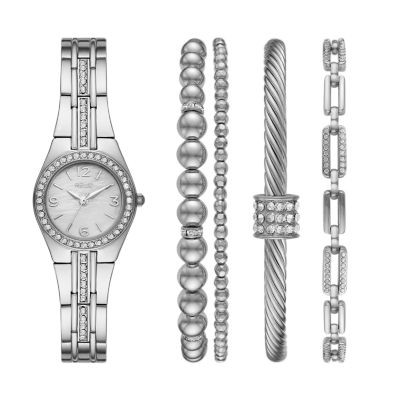 Relic Women's By Fossil Queen's Court Three-Hand Silver-Tone Metal Watch Gift Set With Bracelet Accessories - Silver